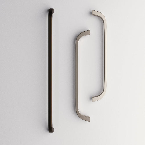 Two metallic door handles, one black and one silver, on a light gray background.
