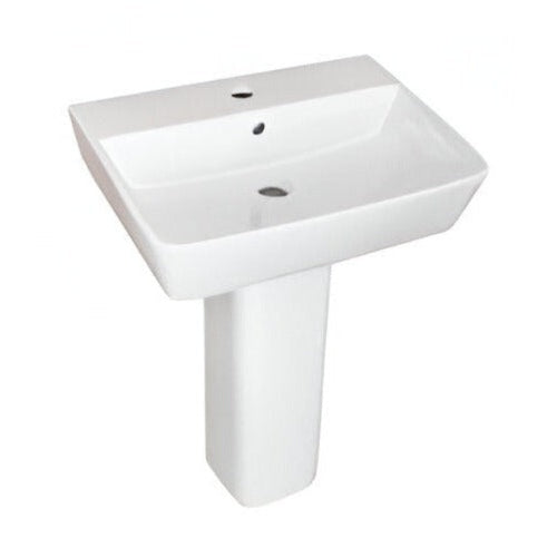 A white ceramic washbasin with a full pedestal base, designed for use in bathrooms.