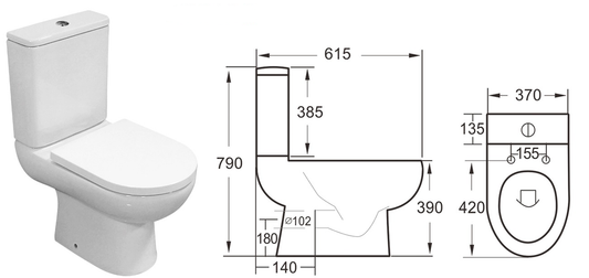 White toilet with dimensions labeled on a white background