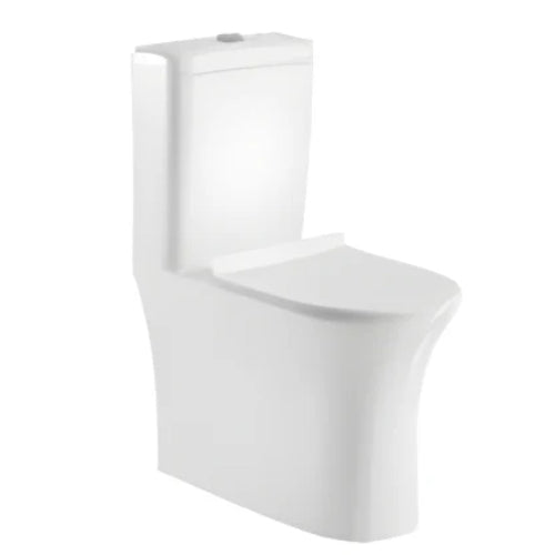 A modern high gloss white closed coupled toilet with a soft closing lid and seat.