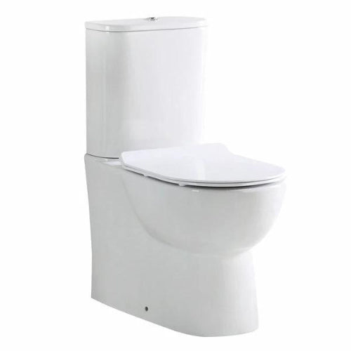 A modern white ceramic toilet with a fully shrouded design, concealing unsightly pipework for a sleek look.