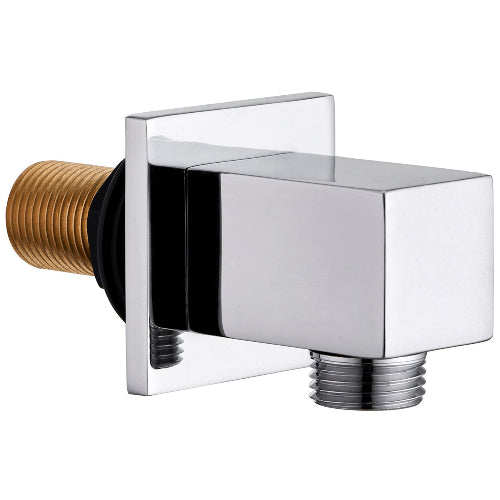 A square shower outlet with a sleek chrome finish and a quarter-turn on/off valve.