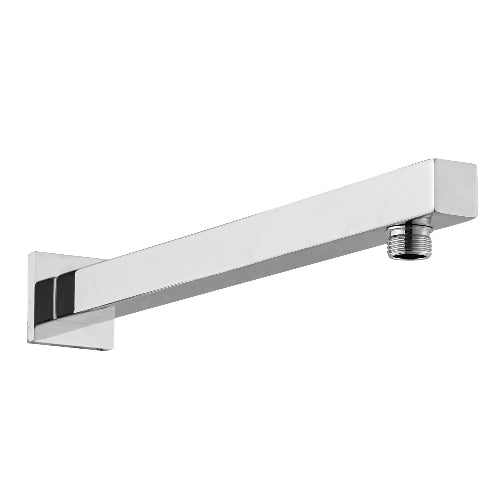 A silver square shower arm attached to a wall, with a reflective metallic finish.