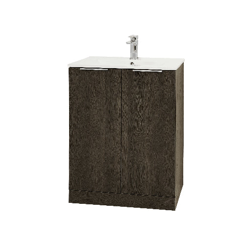 A black 600mm 2 door floor-standing vanity unit with a basin on top, displayed against a white background.
