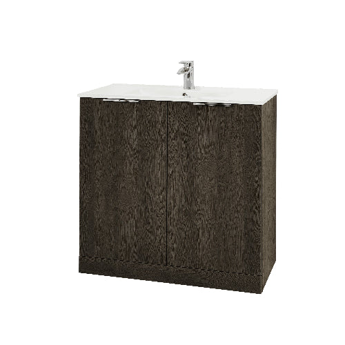 A dark grey floor standing vanity unit with two doors and a white basin on top.