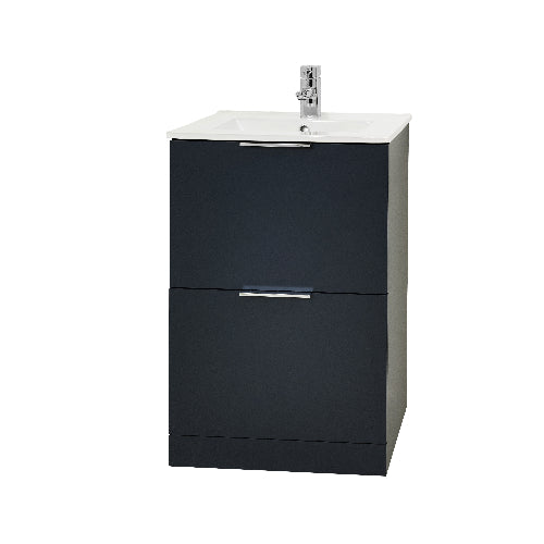 A black floor-standing vanity unit with two drawers and a white basin on top.