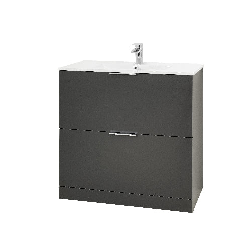Black floor standing vanity unit with two drawers and a white basin on top.