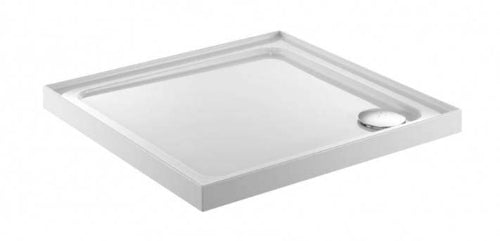 Square white shower tray with a drain on a white background