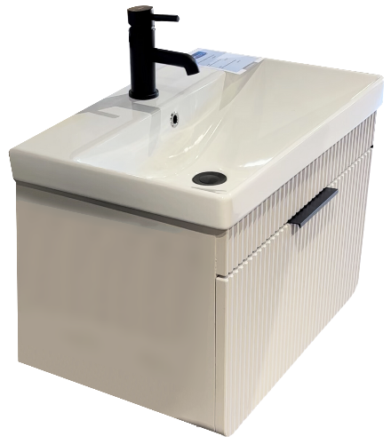 Beige bathroom vanity with white sink and black faucet on a white background
