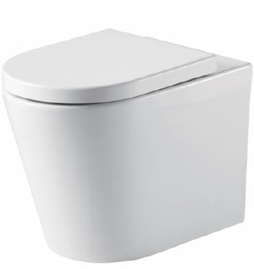 White wall-mounted toilet with a closed lid on a white background