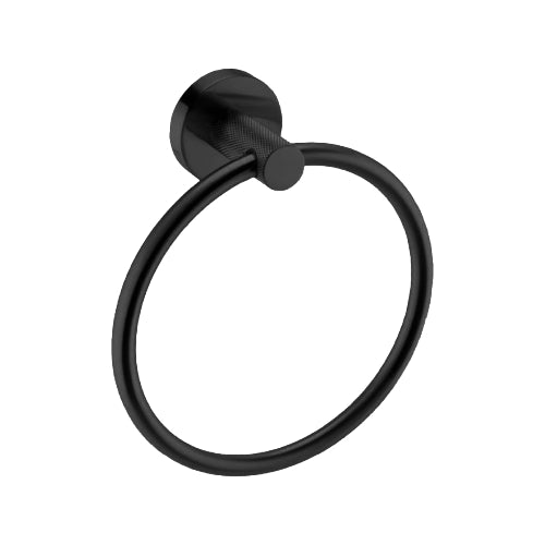 A brushed brass towel ring with intricate diamond-cut knurled detailing.