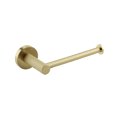 A brushed brass toilet roll holder with intricate diamond-cut knurled detailing.