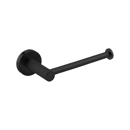 A brushed brass toilet roll holder with intricate diamond-cut knurled detailing.
