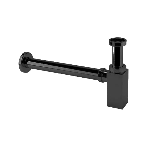 A matte black bottle trap for plumbing, featuring a smooth finish and a square-shaped design.