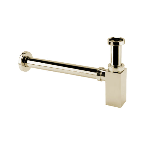 A brushed brass bottle trap with a square profile design.