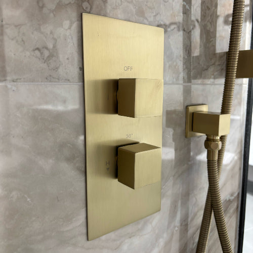 Gold shower control panel and handheld shower head on a tiled wall.