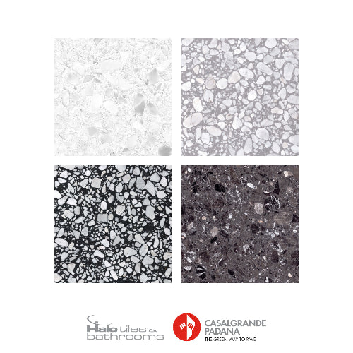 Four different textures of tiles with Halo Tiles & Bathrooms and Casalgrande Padana logos.