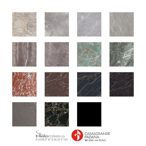 Collection of tile samples with Halo Tiles & Bathrooms and Casalgrande Padana logos.