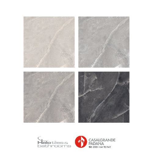 Four gray tiles with different textures on a white background, featuring the Halo Tiles & Bathrooms and Casalgrande Padana logos.