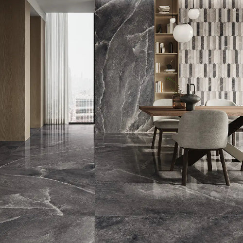 Modern interior with marble flooring and a dining area.