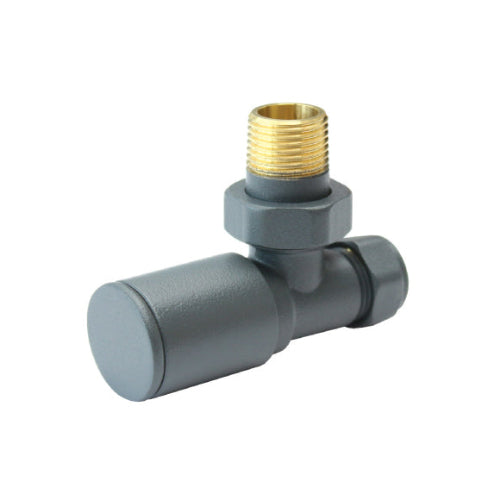 A gray round angled radiator valve with visible threaded metal connection.
