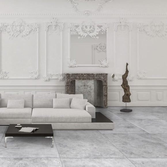 Antica Grey Marble Effect Tile in Living Room Setting