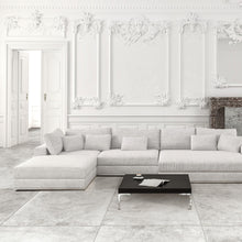 Load image into Gallery viewer, Antica white marble effect porcelain tile in living room setting