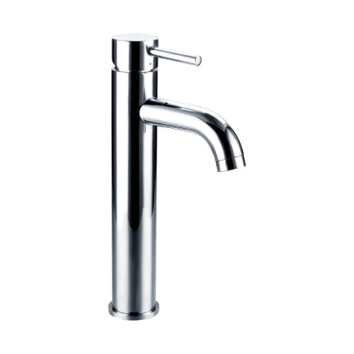A tall brass basin mono mixer tap with a shiny chrome finish.