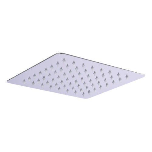 A silver square shower head with multiple nozzles.
