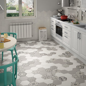 Grey and white pattern hexagonal tiles on kitchen floor