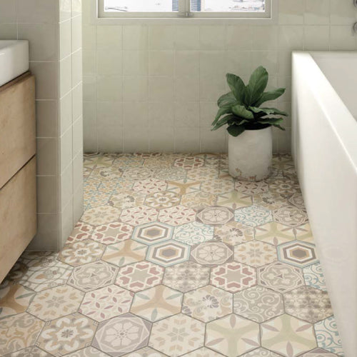 Pattern hexagonal tile on bathroom floor