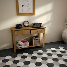 Load image into Gallery viewer, Black white and grey hexagonal tiles on hall floor
