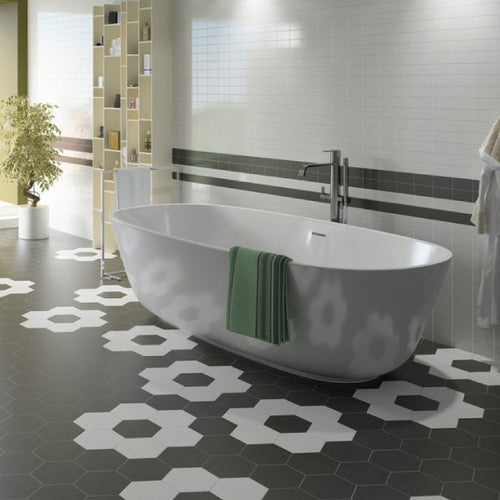 Black and white hexagonal tiles on bathroom floor