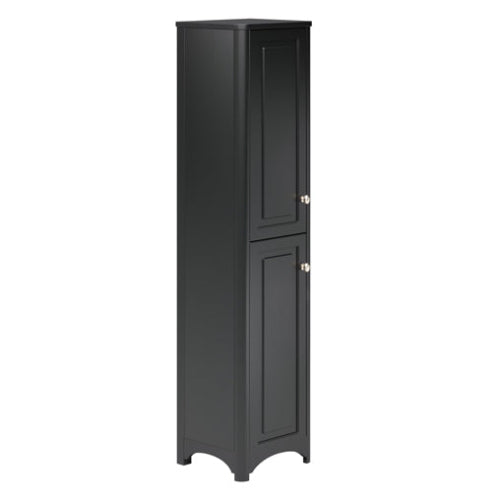 A tall boy storage unit with two doors and a graphite ash finish.