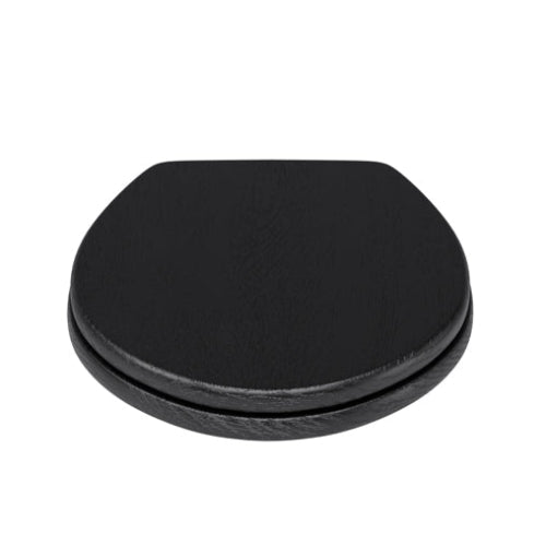 A black toilet seat lid, closed, with a smooth and solid surface.