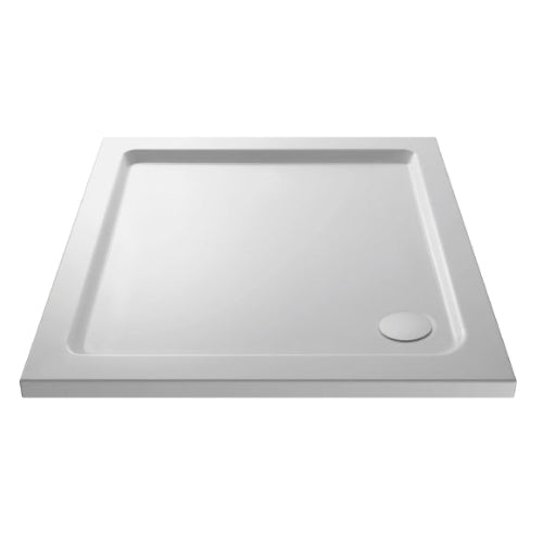 A white square shower tray with a simple central drain.