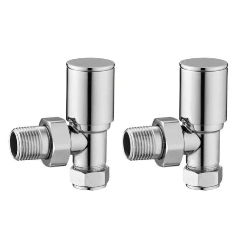 A pair of chrome angled wall radiator valves with visible threaded connections for installation.