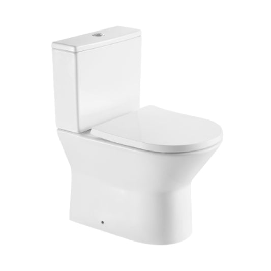 A white, fully shrouded, rimless toilet with a cistern on top and a closed lid.
