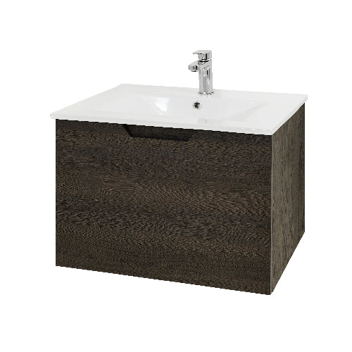 A black 600mm wall hung vanity unit with a white basin on top and a silver tap, against a white background.