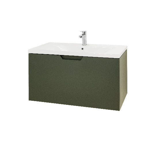 A navy blue wall hung vanity unit with a white basin on top, featuring a single drawer and a tap.
