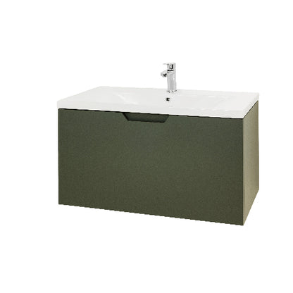 A navy blue wall hung vanity unit with a white basin on top, featuring a single drawer and a tap.