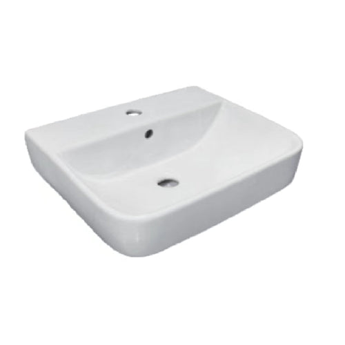 A white ceramic washbasin with smooth lines and soft square edges, featuring a single taphole and overflow hole.