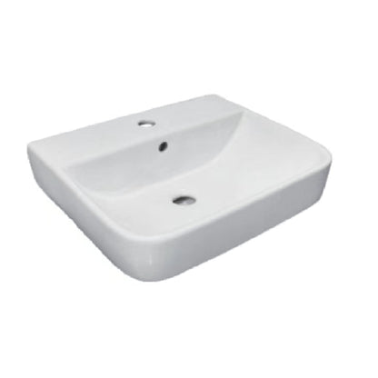 A white ceramic washbasin with smooth lines and soft square edges, featuring a single taphole and overflow hole.