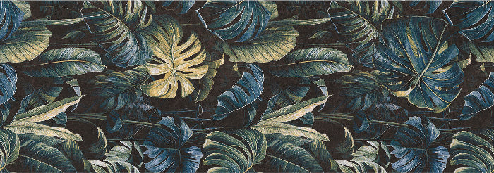 A close-up of a tropical leaf pattern featuring dark blue, teal, and olive green monstera and palm leaves on a very dark background.