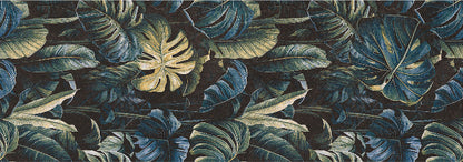 A close-up of a tropical leaf pattern featuring dark blue, teal, and olive green monstera and palm leaves on a very dark background.