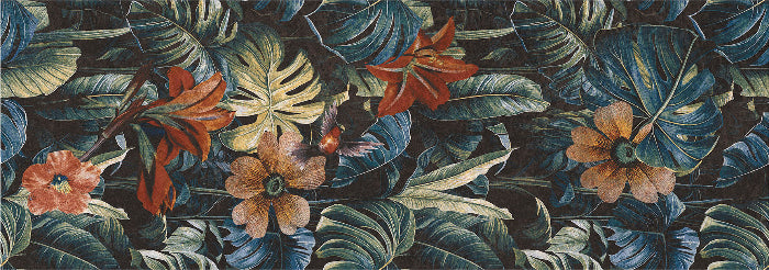 Tropical botanical wallpaper pattern featuring large monstera and palm leaves in deep blue-green tones, accented with coral-red flowers and peach-orange blossoms on a dark background.