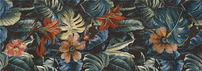 Tropical botanical wallpaper pattern featuring large monstera and palm leaves in deep blue-green tones, accented with coral-red flowers and peach-orange blossoms on a dark background.