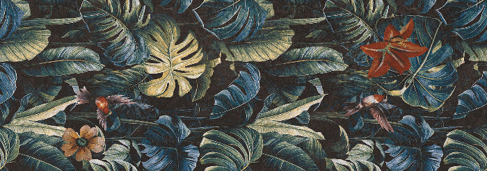 Jungle-themed wallpaper pattern featuring large tropical monstera and palm leaves in dark teal and green, accented with small orange and yellow flowers and birds on a dark background.
