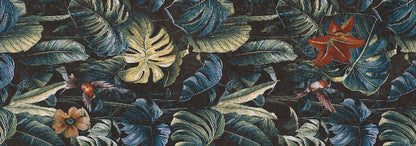 Jungle-themed wallpaper pattern featuring large tropical monstera and palm leaves in dark teal and green, accented with small orange and yellow flowers and birds on a dark background.