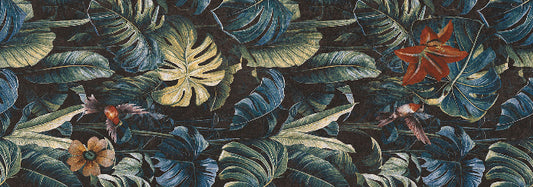 Jungle-themed wallpaper pattern featuring large tropical monstera and palm leaves in dark teal and green, accented with small orange and yellow flowers and birds on a dark background.